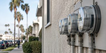 Close-up of a row of residential electric meters on a stucco wall in Los Angeles in neutral daylight, illustrating high LADWP summer bills.