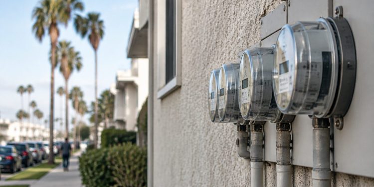 Close-up of a row of residential electric meters on a stucco wall in Los Angeles in neutral daylight, illustrating high LADWP summer bills.