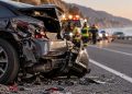 Close-up of a severely damaged parked vehicle on Pacific Coast Highway, with blurred emergency responders and Malibu's coastal roadway in the background.