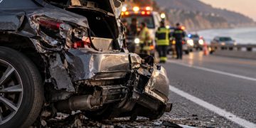 Close-up of a severely damaged parked vehicle on Pacific Coast Highway, with blurred emergency responders and Malibu's coastal roadway in the background.