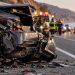 Close-up of a severely damaged parked vehicle on Pacific Coast Highway, with blurred emergency responders and Malibu's coastal roadway in the background.