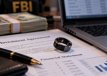 Close-up of a smart ring resting on investment and financial documents beside a laptop, cash and an investigative backdrop, illustrating a federal wearable-technology fraud case.