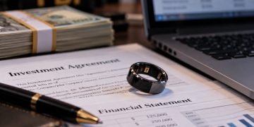 Close-up of a smart ring resting on investment and financial documents beside a laptop, cash and an investigative backdrop, illustrating a federal wearable-technology fraud case.