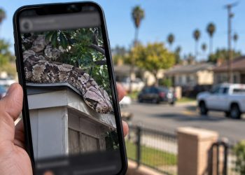 Close-up of a smartphone displaying a digitally generated image of a Gaboon viper, with a blurred Santa Ana residential neighborhood in the background.