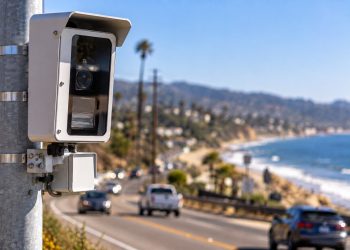 Close-up of a speed enforcement camera along Pacific Coast Highway in Malibu, with the roadway and California coastline blurred in the background.