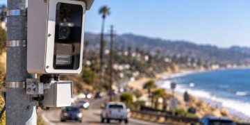 Close-up of a speed enforcement camera along Pacific Coast Highway in Malibu, with the roadway and California coastline blurred in the background.