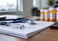 Close-up of a stethoscope resting on a stack of insurance claim forms with illegible text on a wooden desk, illustrating a health care fraud case.