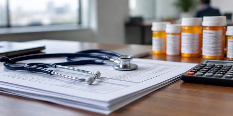 Close-up of a stethoscope resting on a stack of insurance claim forms with illegible text on a wooden desk, illustrating a health care fraud case.