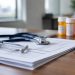 Close-up of a stethoscope resting on a stack of insurance claim forms with illegible text on a wooden desk, illustrating a health care fraud case.