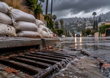 Close-up of a storm drain and sandbags along a Los Angeles street, with dark rain clouds and a hillside neighborhood softly blurred in the background.