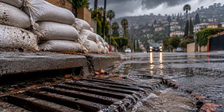 Close-up of a storm drain and sandbags along a Los Angeles street, with dark rain clouds and a hillside neighborhood softly blurred in the background.