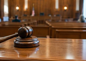 Close-up of a wooden gavel on the bench of an empty courtroom with softly blurred wood-paneled walls and pews, illustrating a federal drug case in Los Angeles.