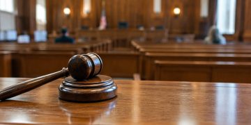 Close-up of a wooden gavel on the bench of an empty courtroom with softly blurred wood-paneled walls and pews, illustrating a federal drug case in Los Angeles.