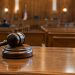 Close-up of a wooden gavel on the bench of an empty courtroom with softly blurred wood-paneled walls and pews, illustrating a federal drug case in Los Angeles.