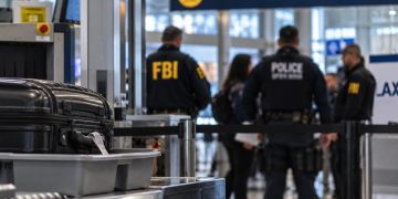 Close-up of an airport security checkpoint and blurred federal agents near an international departure gate, illustrating an alleged foreign-agent investigation at LAX.