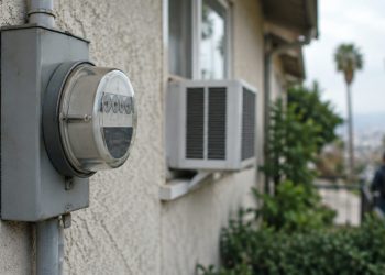 Close-up of an electric meter on the stucco wall of a Los Angeles home, with a window air conditioner softly blurred behind it in daylight.