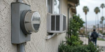 Close-up of an electric meter on the stucco wall of a Los Angeles home, with a window air conditioner softly blurred behind it in daylight.