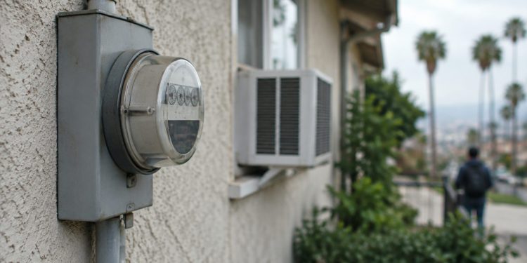 Close-up of an electric meter on the stucco wall of a Los Angeles home, with a window air conditioner softly blurred behind it in daylight.