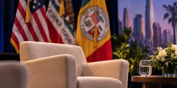 Close-up of an empty beige armchair on a Los Angeles civic forum stage, with U.S., California and Los Angeles flags blurred in the background.