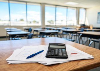 Close-up of budget documents with illegible charts and a calculator on a desk, with a blurred school classroom behind, illustrating the LAUSD budget crisis.