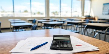 Close-up of budget documents with illegible charts and a calculator on a desk, with a blurred school classroom behind, illustrating the LAUSD budget crisis.