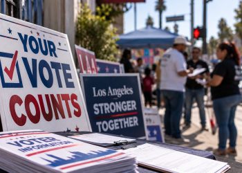 Close-up of campaign signs and voting materials on a Los Angeles sidewalk, with blurred Latino community outreach activity in the background.