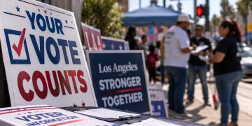 Close-up of campaign signs and voting materials on a Los Angeles sidewalk, with blurred Latino community outreach activity in the background.