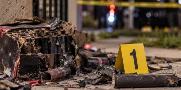 Close-up of damaged pyrotechnic materials and an evidence marker near a residential scene, illustrating an investigation into a fatal South Los Angeles explosion.