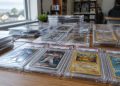 Close-up of graded sports and Pokémon trading cards sealed in clear plastic cases on a table in soft daylight, illustrating the Santa Ana FedEx truck theft.