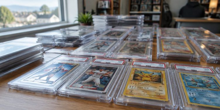 Close-up of graded sports and Pokémon trading cards sealed in clear plastic cases on a table in soft daylight, illustrating the Santa Ana FedEx truck theft.