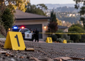Close-up of police evidence markers and a blurred residential hillside scene near Oakland’s Panoramic Hill, illustrating a fatal shooting investigation.