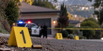 Close-up of police evidence markers and a blurred residential hillside scene near Oakland’s Panoramic Hill, illustrating a fatal shooting investigation.