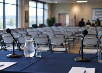 Community meeting room with a table of microphones in the foreground and rows of chairs blurred behind, illustrating a West Hollywood candidates forum.