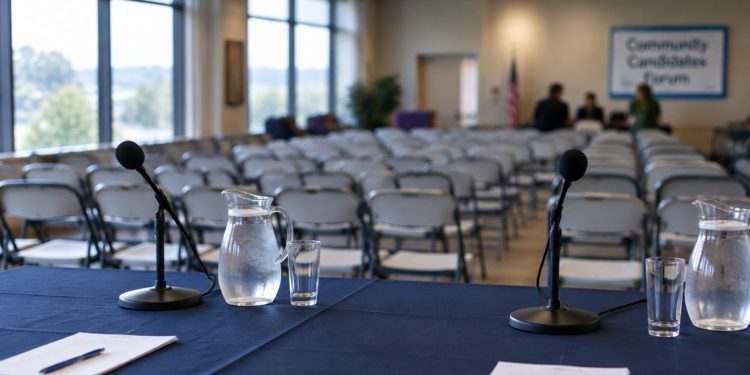 Community meeting room with a table of microphones in the foreground and rows of chairs blurred behind, illustrating a West Hollywood candidates forum.