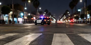 Crosswalk markings glow white in the immediate foreground of a nighttime Broadway street in Florence, with a patrol SUV blurred in the middle distance.