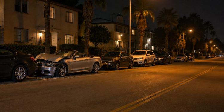 Damaged silver convertible pressed against a row of parked cars on a residential street of apartment buildings and palm trees in University Park at night.