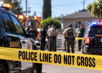 Daytime law enforcement response outside a Cudahy residence, with sheriff’s vehicles, emergency responders and investigators blurred behind police tape.