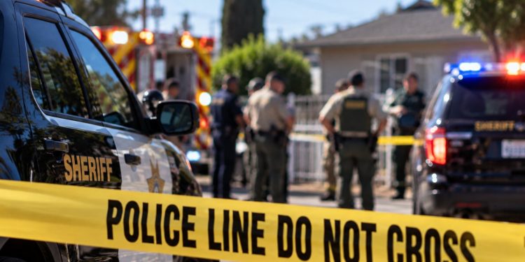 Daytime law enforcement response outside a Cudahy residence, with sheriff’s vehicles, emergency responders and investigators blurred behind police tape.