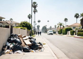 Daytime residential street in the Fairfax District of Los Angeles with piled trash bags and debris beside a fence in the foreground and homes blurred behind.