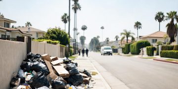 Daytime residential street in the Fairfax District of Los Angeles with piled trash bags and debris beside a fence in the foreground and homes blurred behind.