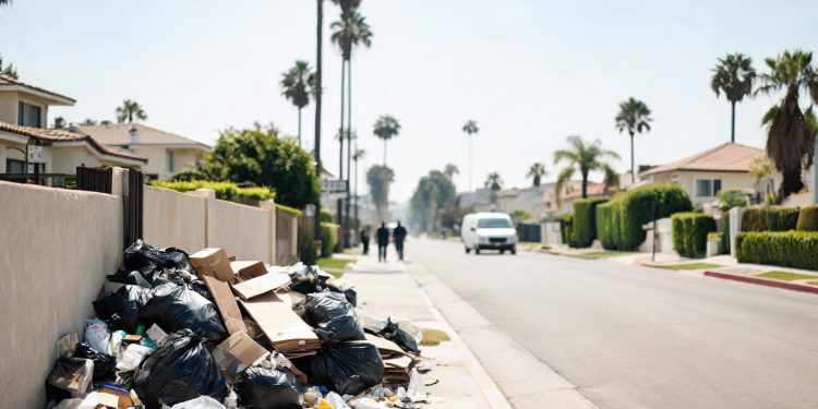 Daytime residential street in the Fairfax District of Los Angeles with piled trash bags and debris beside a fence in the foreground and homes blurred behind.