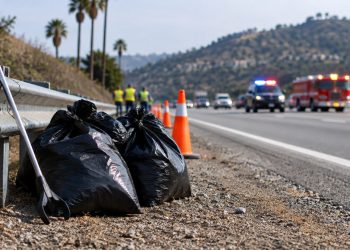 Daytime roadside embankment near Glendale with orange traffic cones, a litter grabber tool and filled trash bags in the foreground, hills blurred behind.