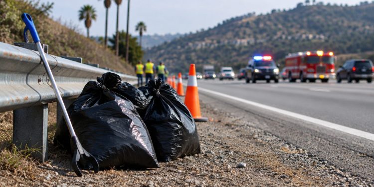 Daytime roadside embankment near Glendale with orange traffic cones, a litter grabber tool and filled trash bags in the foreground, hills blurred behind.