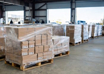 Daytime view of pallets of boxed shoes and goods inside a Southern California warehouse, with a blurred loading dock in the background.