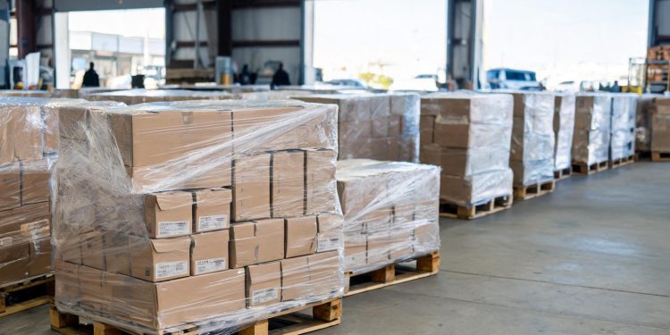 Daytime view of pallets of boxed shoes and goods inside a Southern California warehouse, with a blurred loading dock in the background.