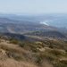Dry golden chaparral and brittle grass on a Santa Monica Mountains hillside in afternoon daylight, leaning in the wind above the Malibu coastline.