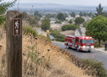 Dry hillside brush at the edge of a West Covina neighborhood in daylight, with a fire engine blurred on the road in the background.