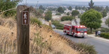 Dry hillside brush at the edge of a West Covina neighborhood in daylight, with a fire engine blurred on the road in the background.