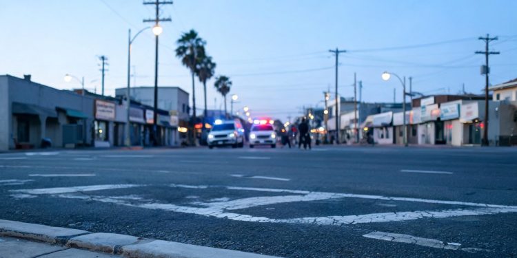 Early-morning view of a Santa Ana street with empty lanes and a curb in the foreground and emergency vehicle lights blurred in the distance.