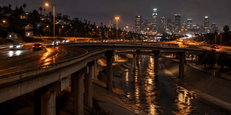 Elevated freeway ramps curving over the Los Angeles River channel in Cypress Park at night, with light trails from passing cars under street lamps.